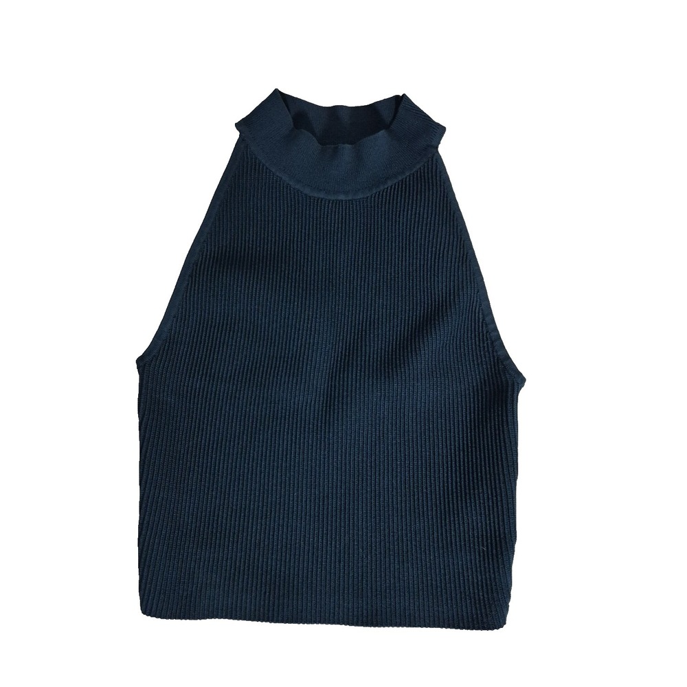 Babaton Top Womens S Teal Blue Cropped Ribbed  Sleeveless Mock Neck Pullover